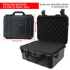 Black portable hard shell toolbox with a foam insert shown in various views.