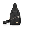 Black quilted crossbody sling bag with a zippered front pocket and adjustable strap