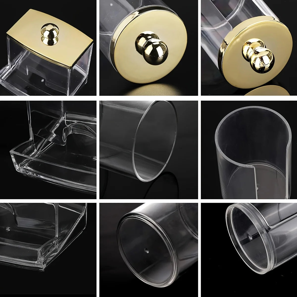 Elegant apothecary jar with a golden lid for cotton balls and swabs shown from various angles.
