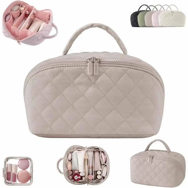 A beige quilted makeup bag with a zipper and several cosmetic palettes and brushes shown alongside various colored makeup bag