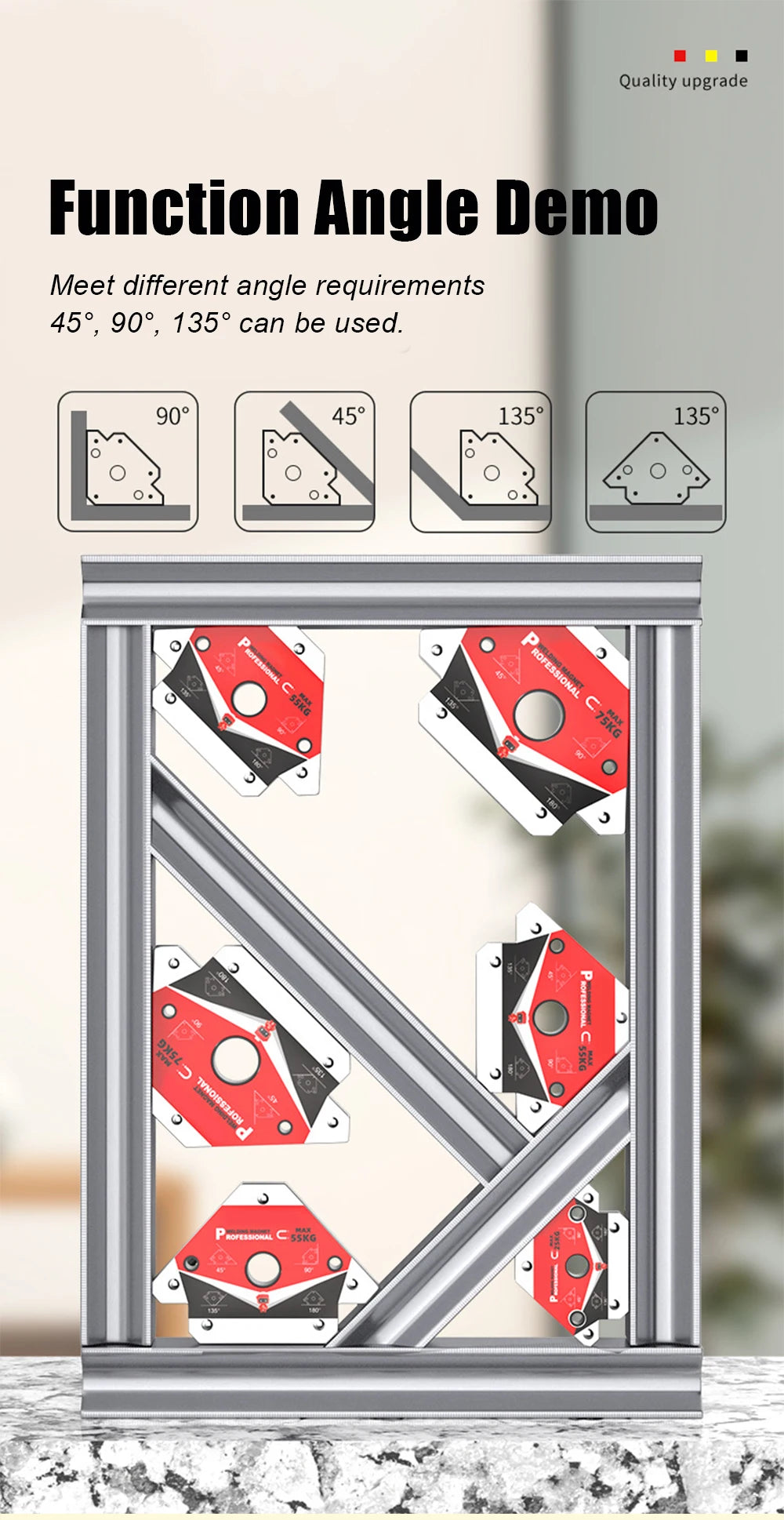A set of four magnetic welding holders demonstrating different angles: 90°, 45°, and 135°.