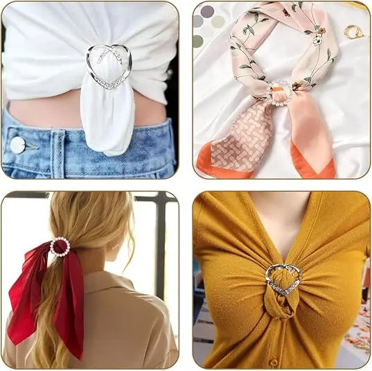 A set of metal scarf ring clips for women featuring a buckle design used to fasten shirts and scarves.