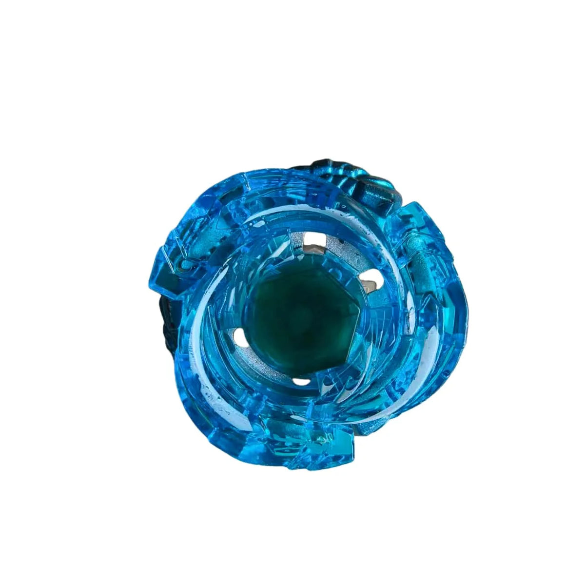 A close-up view of a blue metal fusion battle set spinning top toy with a clear launcher mechanism.