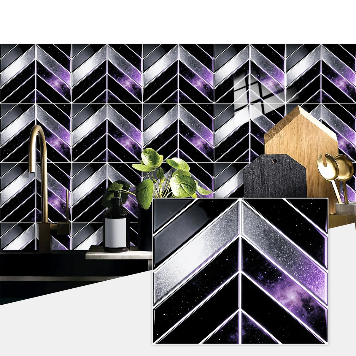 Black and silver herringbone marble peel-and-stick wall tiles with purple glitter accents.