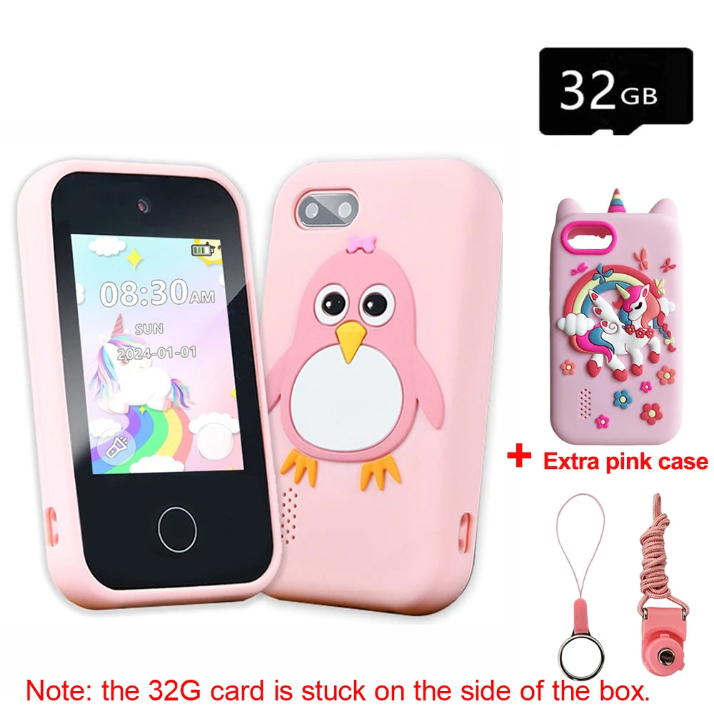 Pink kids smartphone toy with a penguin design and an extra pink case