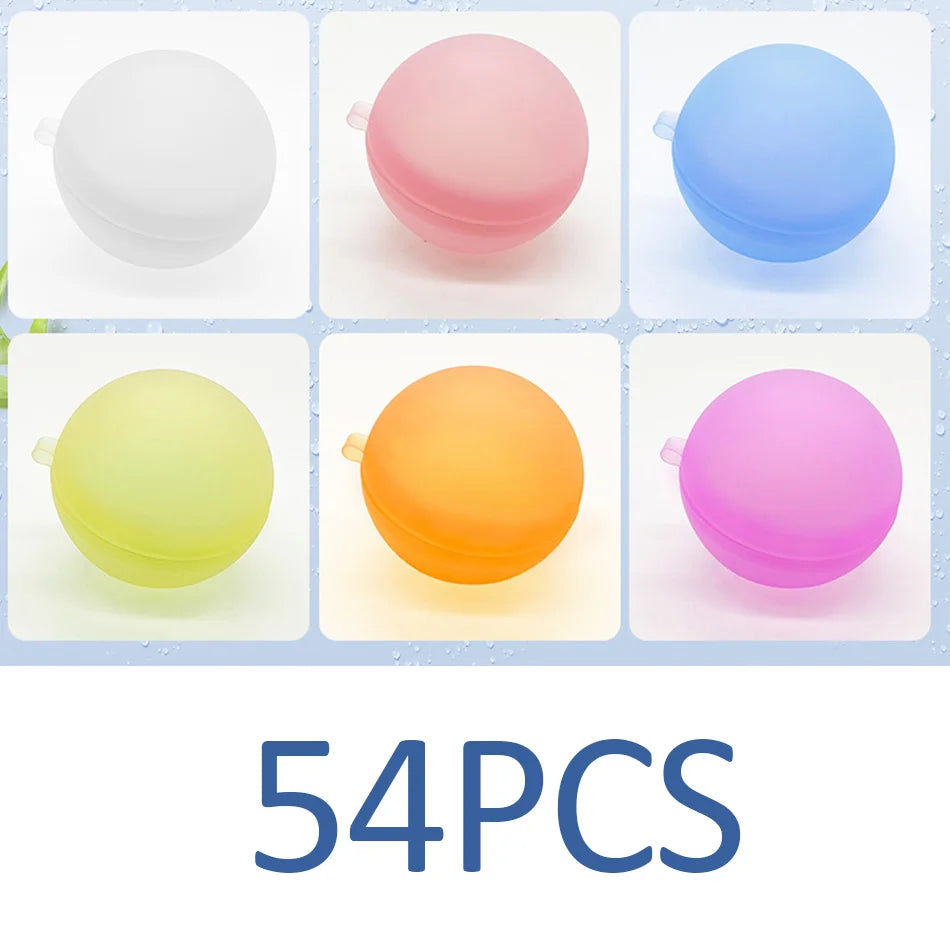 A collection of 54 reusable splash water balloons in various colors including white, pink, blue, yellow, and orange.