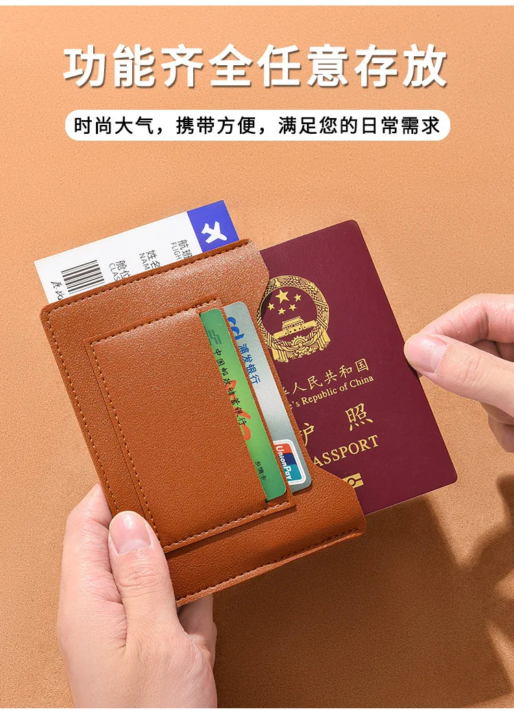 A brown leather passport holder is shown holding several identification cards and a passport.