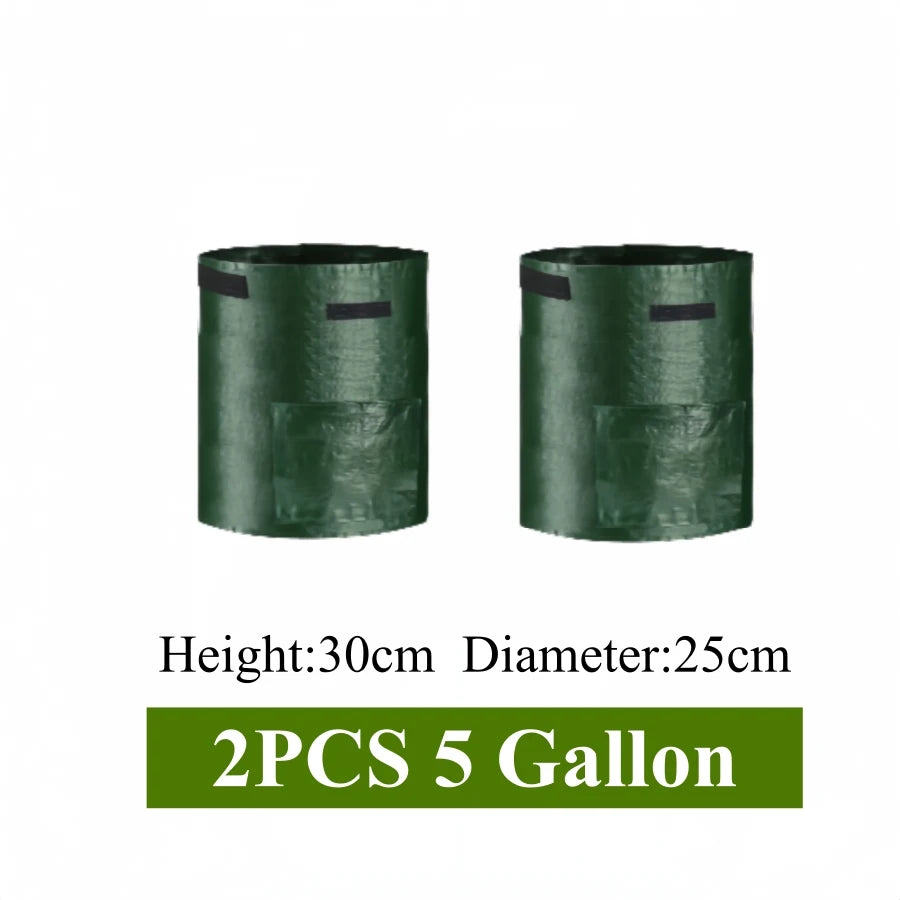 Two dark green plant grow bags, 5 gallon capacity, with a harvest window, shown side by side.