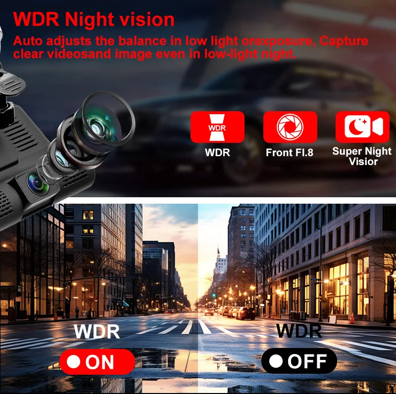 WDR Night vision camera showing a night scene with WDR ON and OFF indicators.
