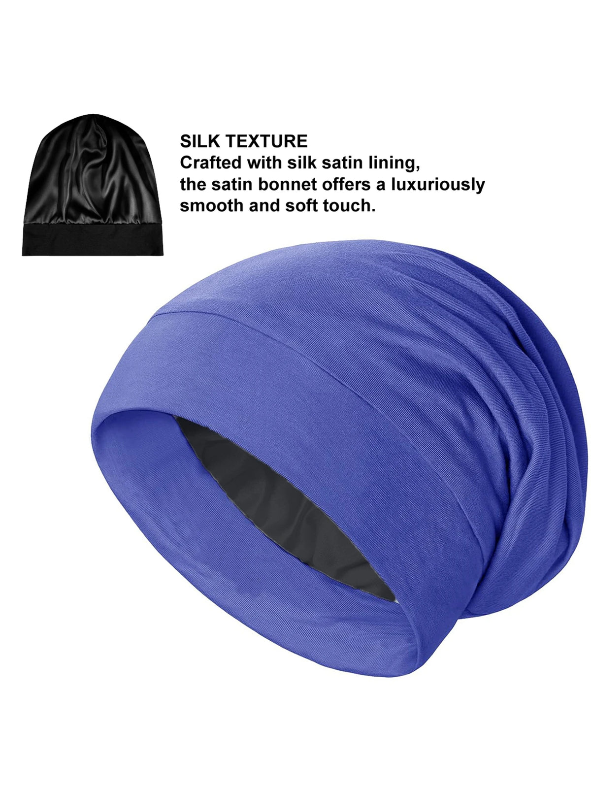 A purple silk satin sleep bonnet shown in a rolled or gathered style.