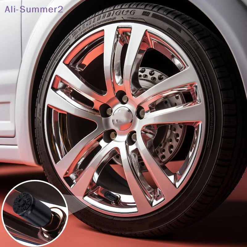 A close-up view of a silver alloy wheel with a tire and a valve stem cap assembly.