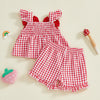 Strawberry Embroidered Plaid Tank Top and Shorts Set for Toddler Girls