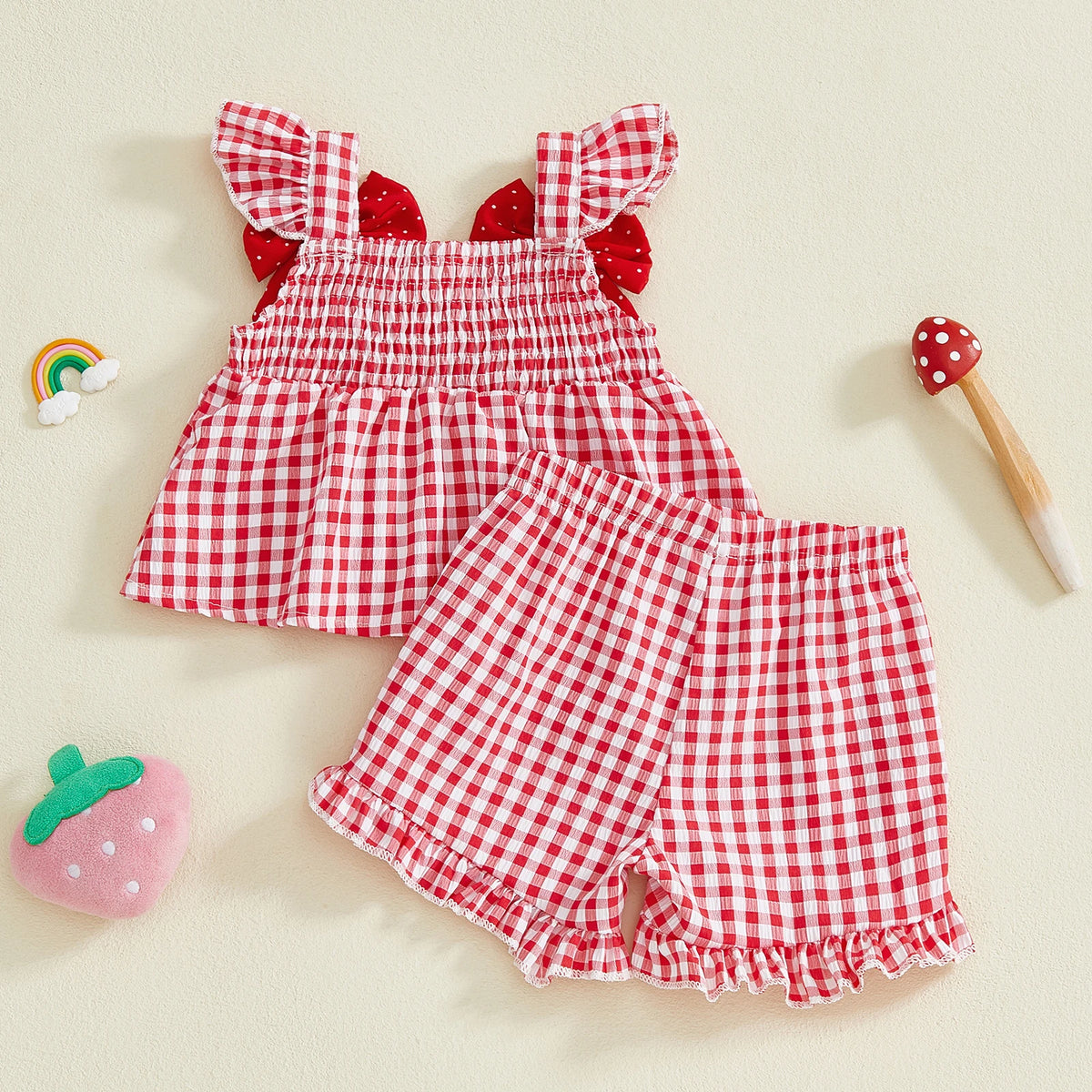 Strawberry Embroidered Plaid Tank Top and Shorts Set for Toddler Girls