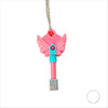 A set of four pink dagger key necklaces hanging from a silver chain.