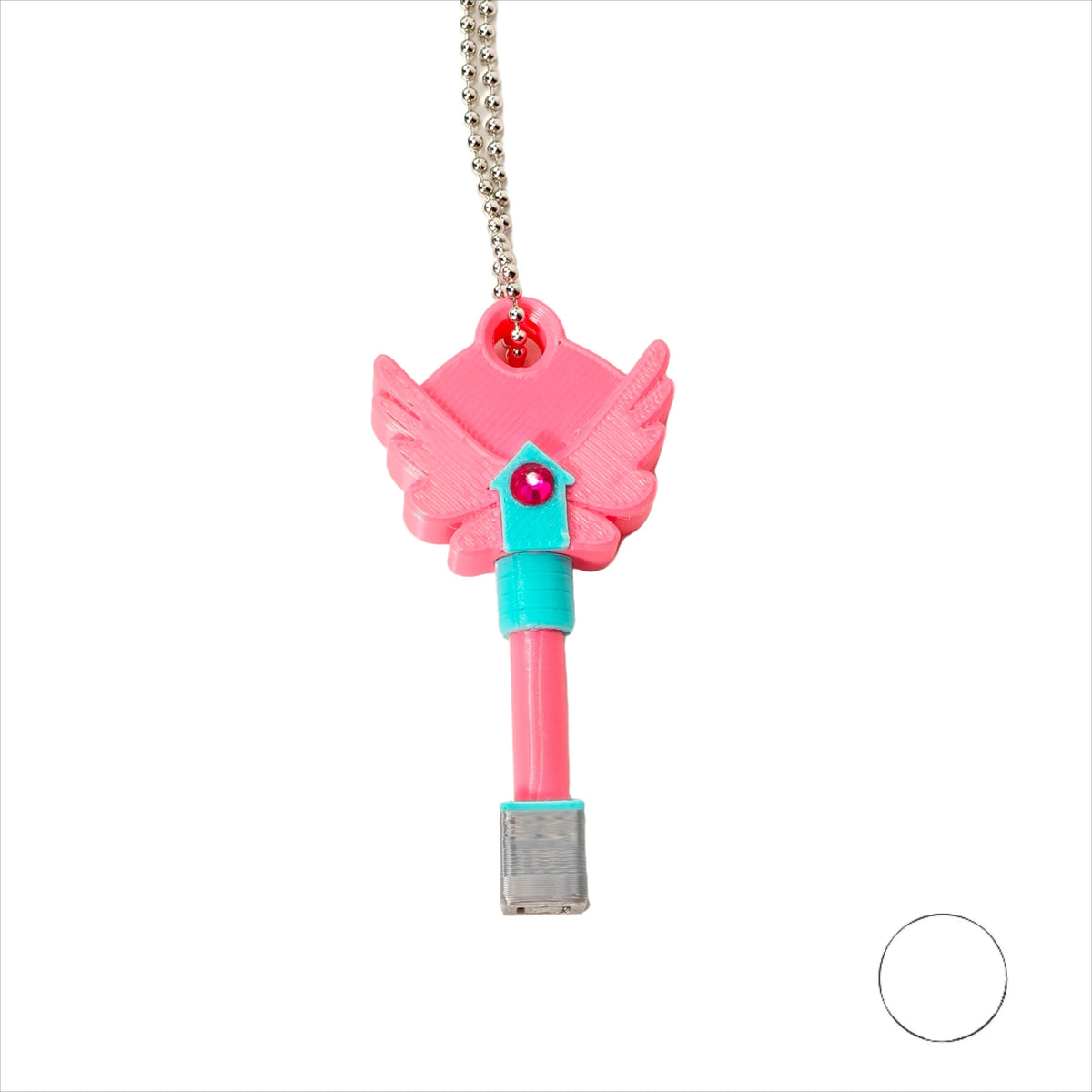 A set of four pink dagger key necklaces hanging from a silver chain.