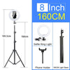 An adjustable 8 inch ring light with a tripod stand and phone holder for video calls.