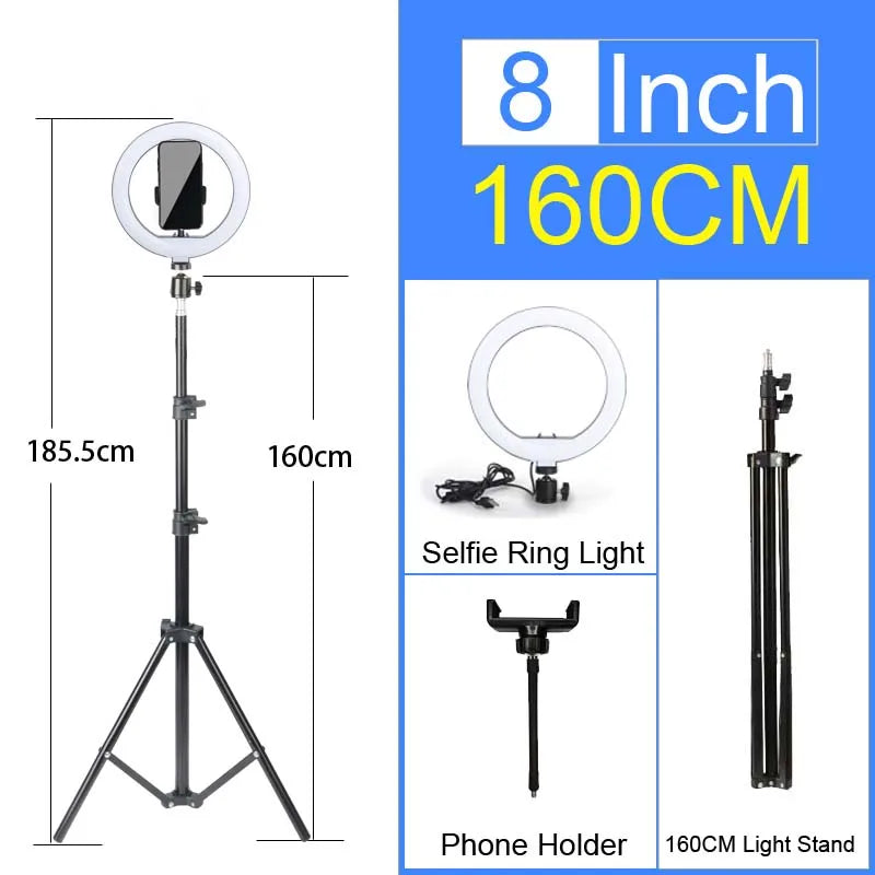 An adjustable 8 inch ring light with a tripod stand and phone holder for video calls.