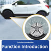 A white car is shown with a tire cover installed, highlighting the UV protection and waterproof features of the tire cover se