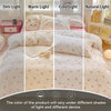 A set of pink duvet covers and pillows showing different light shades: dim, warm, cold, and natural light.
