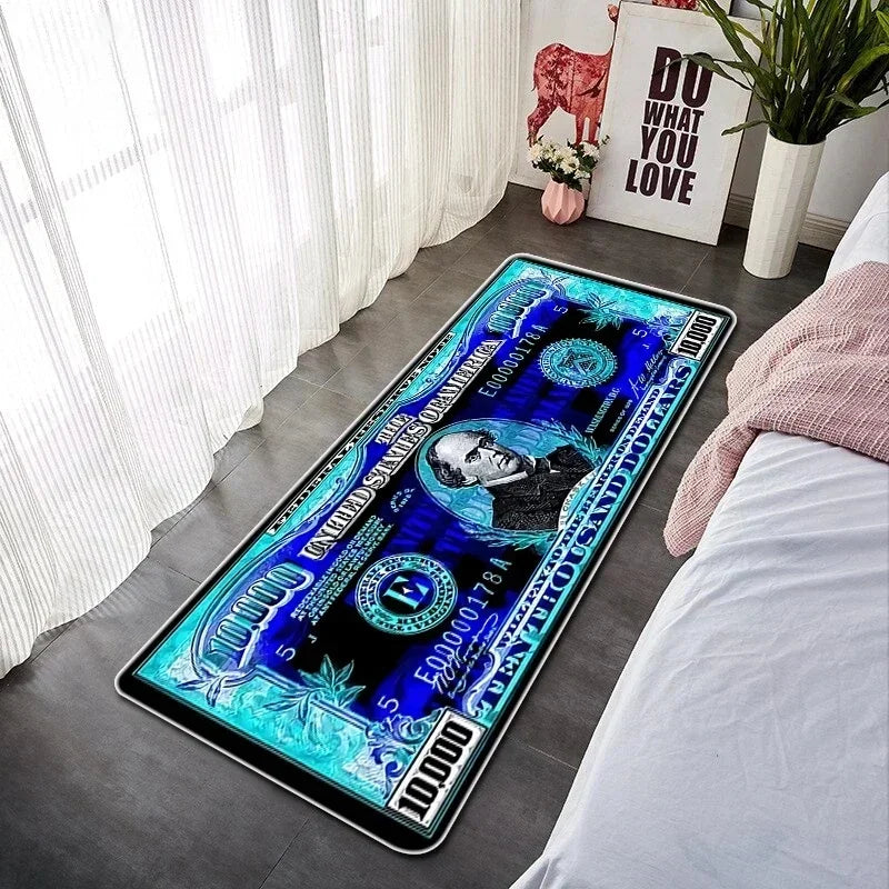 A rectangular blue and black banknote pattern anti-slip floor mat placed on a light gray floor next to a window.