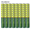 A set of green and yellow heavy duty disposable AA and AAA dry cell batteries in cylindrical packaging.