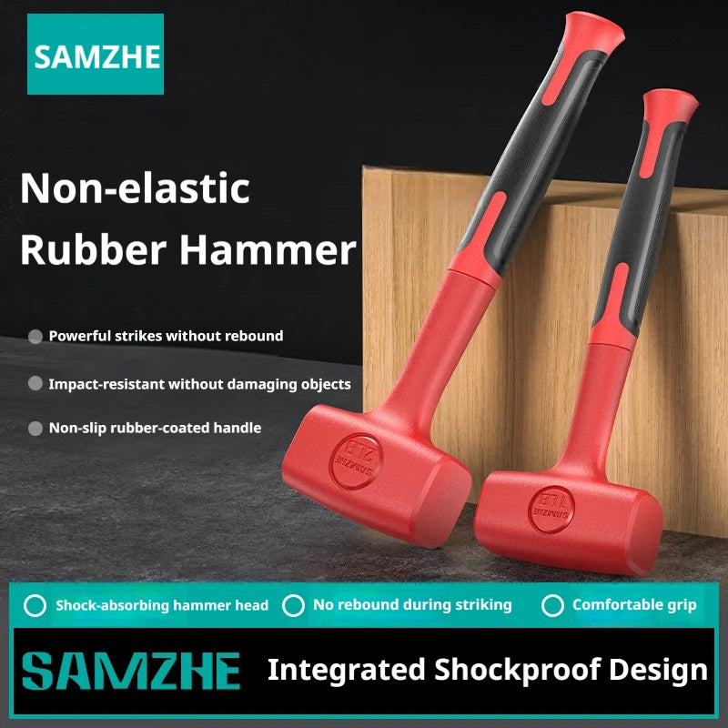 A pair of red rubber hammers with black handles shown against a wooden background.