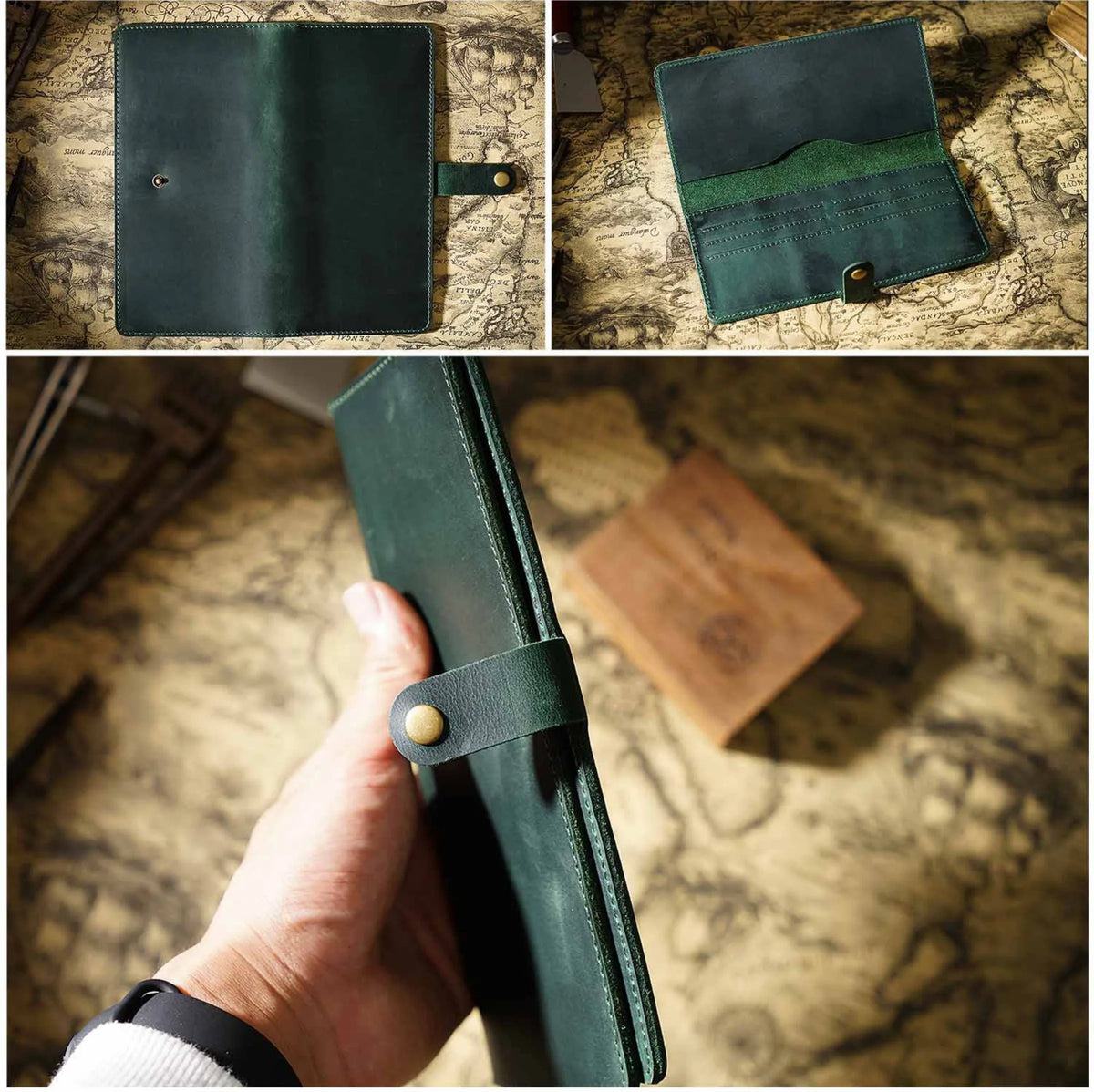 Vintage Leather Long Bifold Wallet with Snap Closure