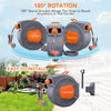 Three gray garden hose reels are shown with 180 degree swivel brackets and a hose, demonstrating easy installation.