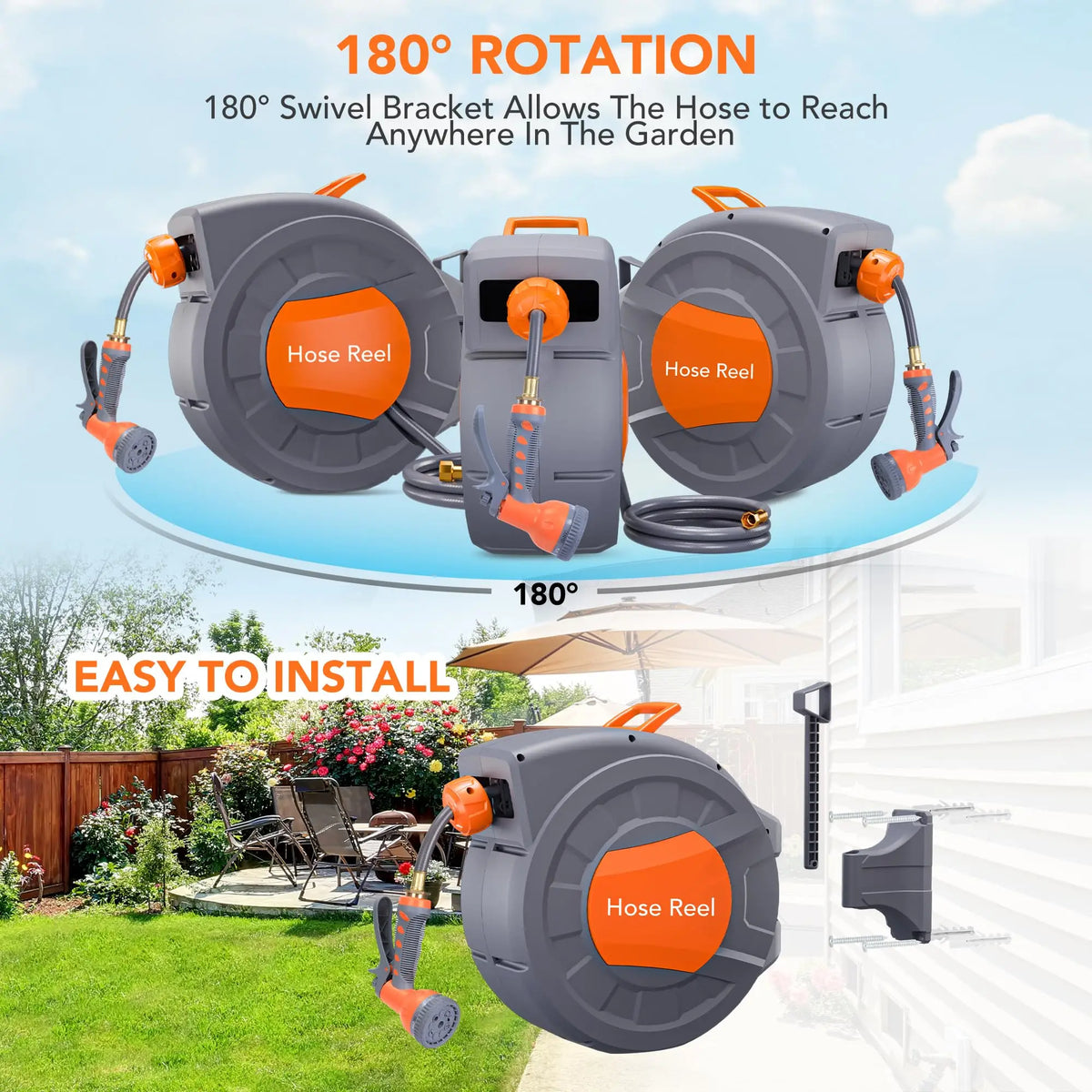 Three gray garden hose reels are shown with 180 degree swivel brackets and a hose, demonstrating easy installation.