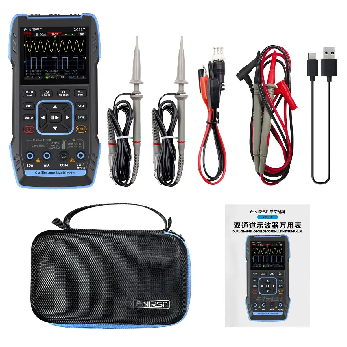 A set of electronic testing equipment including an oscilloscope, multimeter, and signal generator with cables and a carrying 