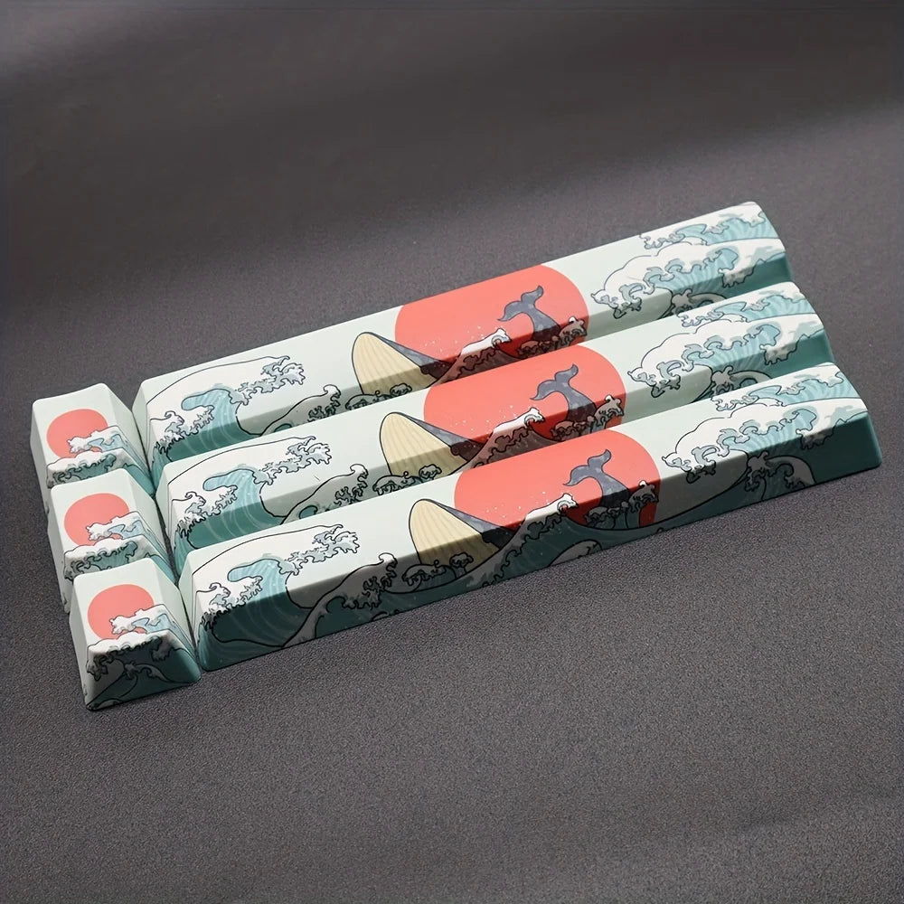 A set of coral sea themed PBT keycaps featuring pink and blue designs for mechanical keyboards.