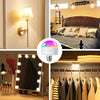 A rechargeable LED smart bulb with an RGB mode is shown next to a mirror and various lighting fixtures.