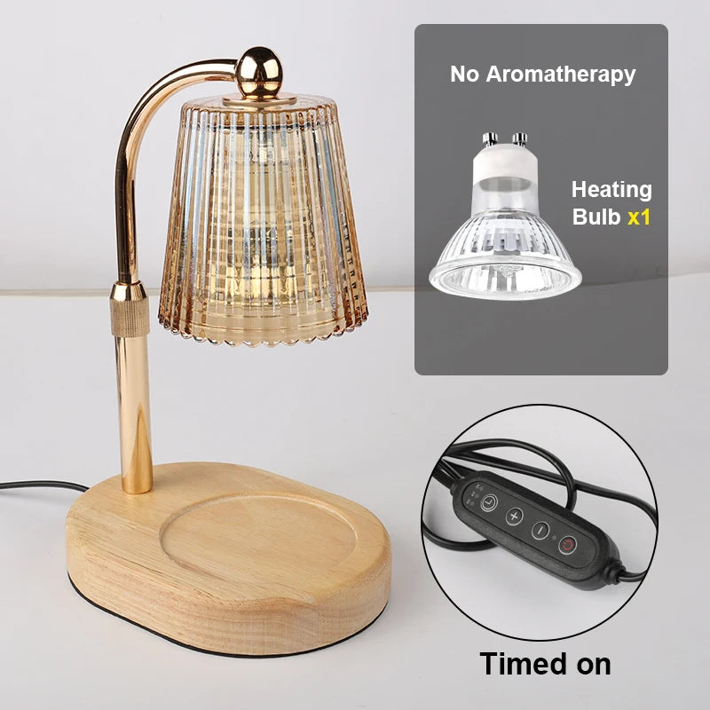 A brass and glass candle warmer lamp with a wooden base, showing options for heating bulb and timer functions.