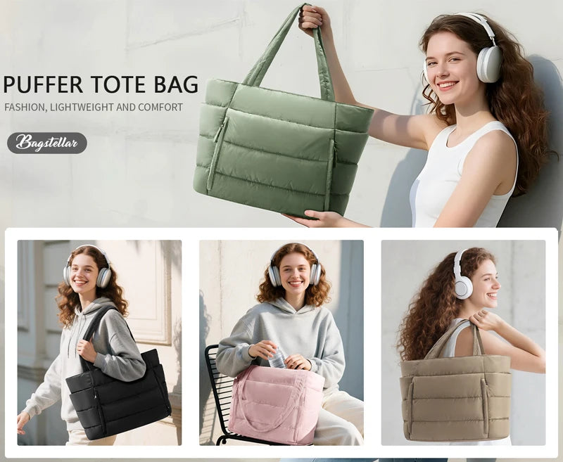 A woman is holding a green quilted puffy tote bag, demonstrating the fashion, lightweight, and comfort of the bag.