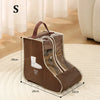 Brown storage bag organizer for tall boots with a handle, shown on a light rug.