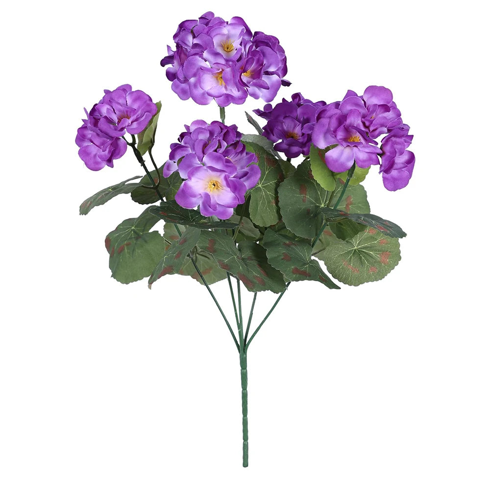A bouquet of purple UV-resistant artificial geranium flowers with green leaves.