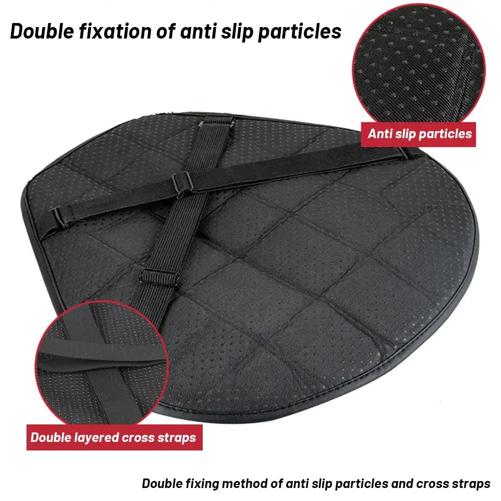 Black ergonomic motorcycle seat cushion featuring double fixation of anti slip particles and cross straps