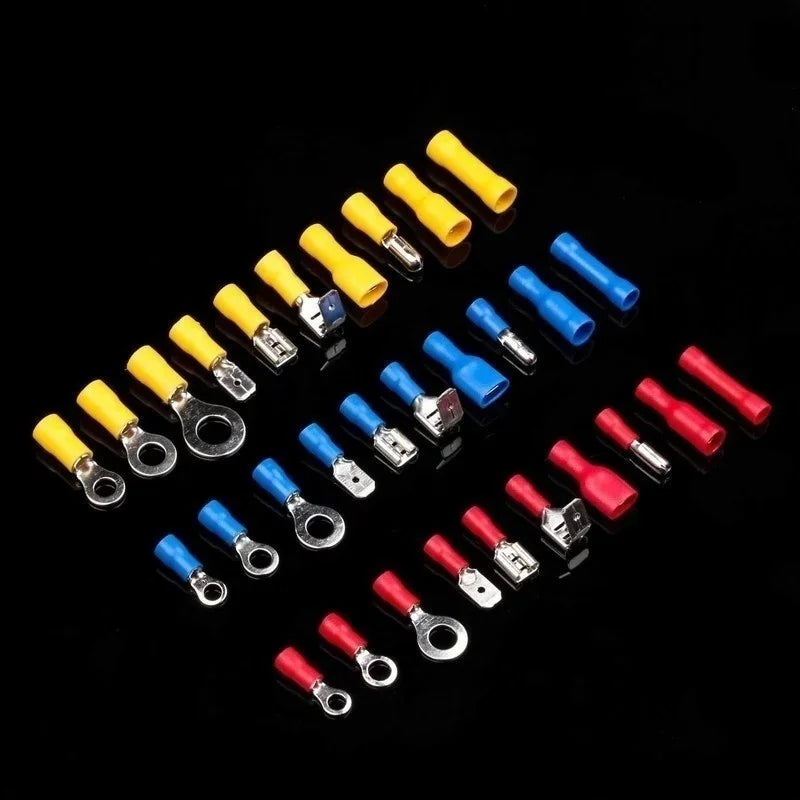 Assorted male and female insulated wire crimp terminal connectors in yellow and blue.