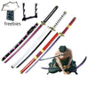 A collection of freebies including a Roronoa Zoro 41-inch katana cosplay sword and related items.