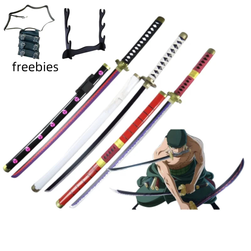 A collection of freebies including a Roronoa Zoro 41-inch katana cosplay sword and related items.