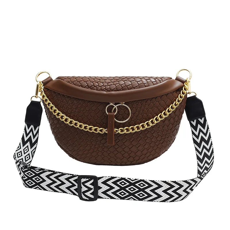 Brown woven pattern waist bag with gold chain strap and black adjustable webbing