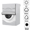 A white washing machine cover with a silver roll, showing icons for UV, water, snow, and storm proof protection.