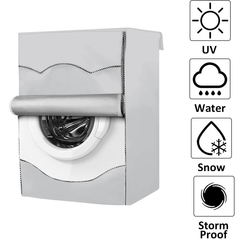 A white washing machine cover with a silver roll, showing icons for UV, water, snow, and storm proof protection.
