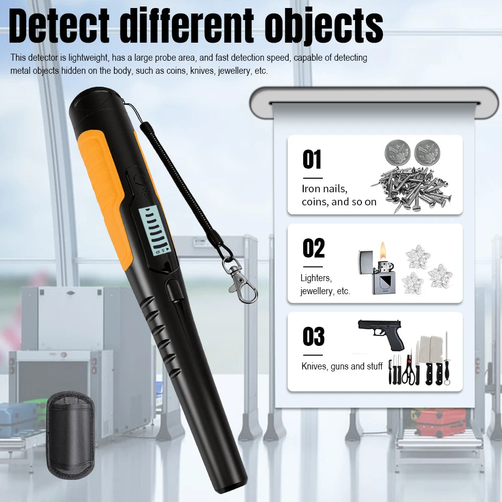 A black and orange pinpointer metal detector is shown next to a display chart detailing various objects it can detect.