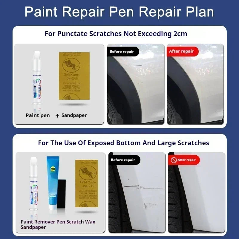 Paint repair pen kit for scratch repair showing before and after results on a car surface