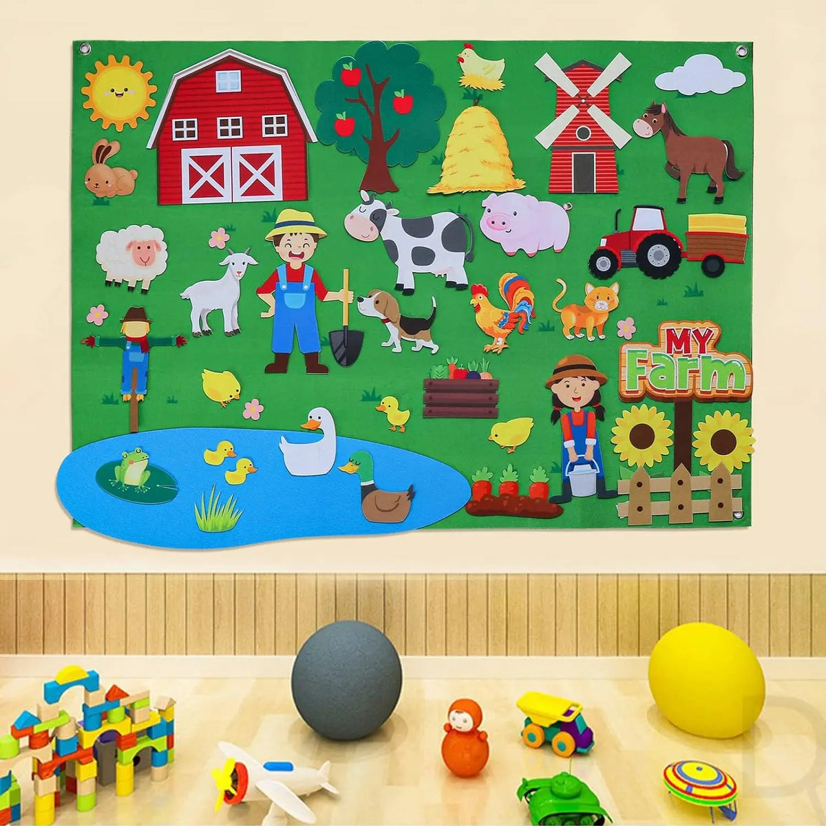 A colorful felt storytelling board featuring various zoo animals like a lion, elephant, and monkey.