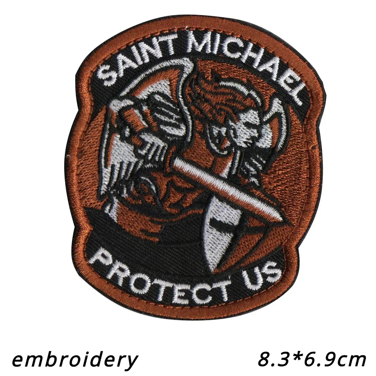 A brown embroidered patch featuring the text SAINT MICHAEL PROTECT US with an archangel design.