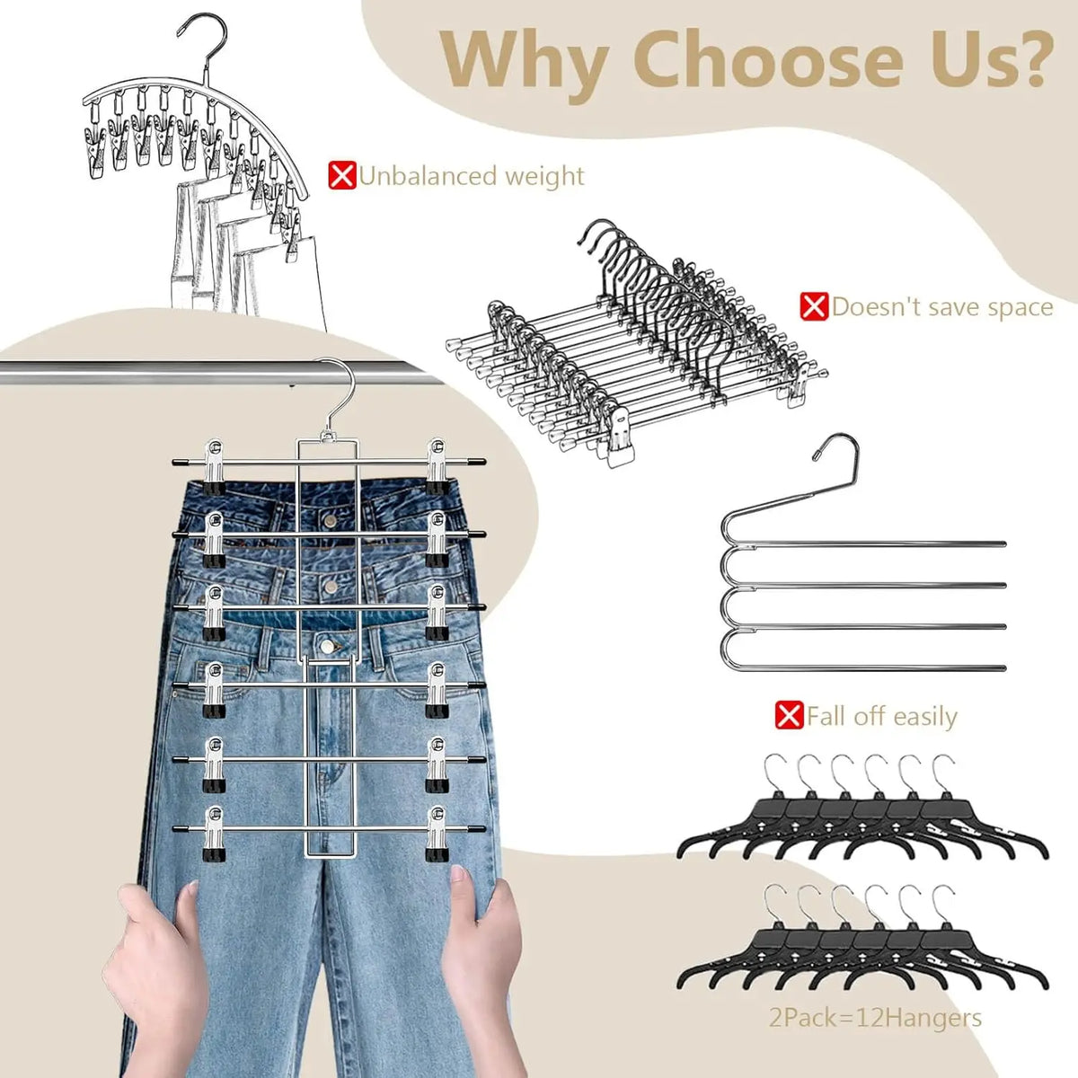 Space-Saving Clip Pants Hangers with 360° Swivel Hook