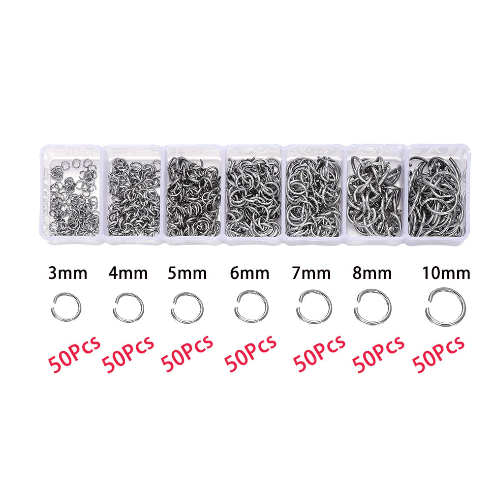 A set of silver jump rings and crimps in various sizes (3mm to 10mm) packaged in clear plastic containers.