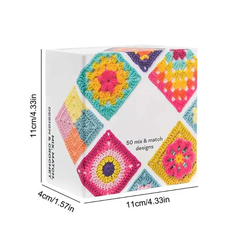 A box containing 50 crochet square pattern cards with mix and match designs.